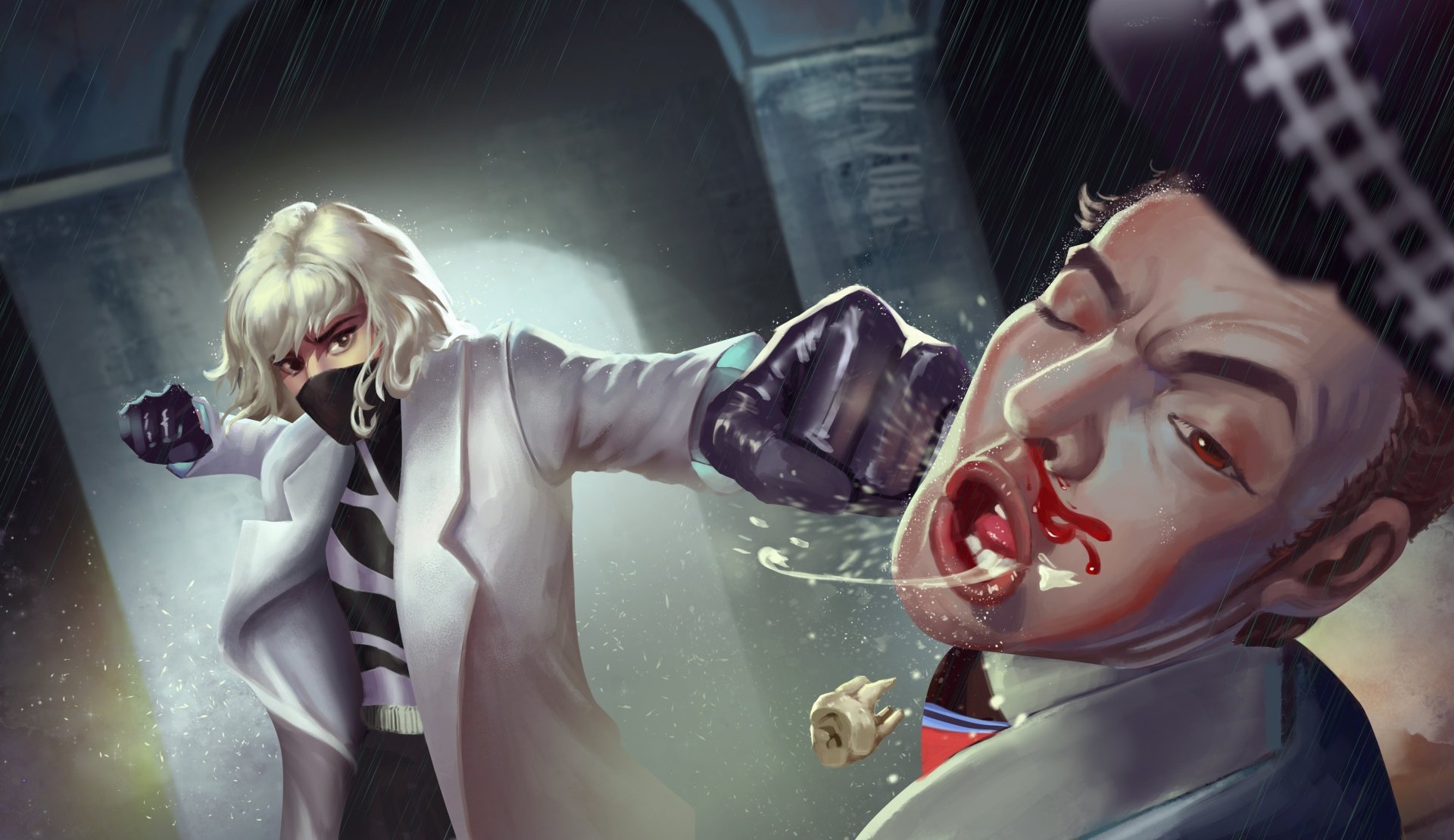 Atomic Blonde movie 2K Quad HD PC desktop wallpaper: short white-haired fighter lands a gloved fist, blood splashing in a gritty cinematic fight scene.