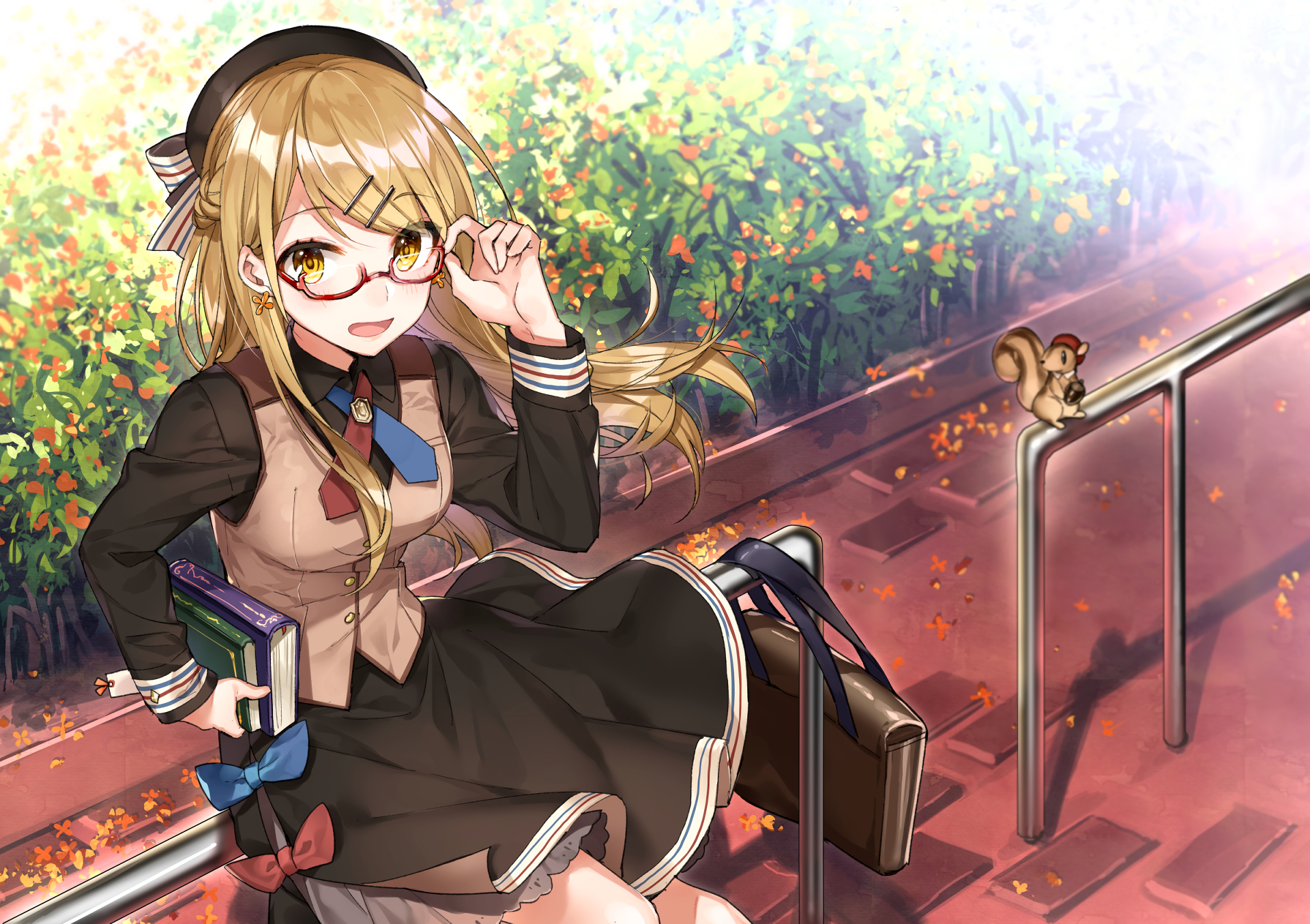 HD anime wallpaper featuring an original character with glasses, sitting on stairs with greenery and a squirrel in the background.