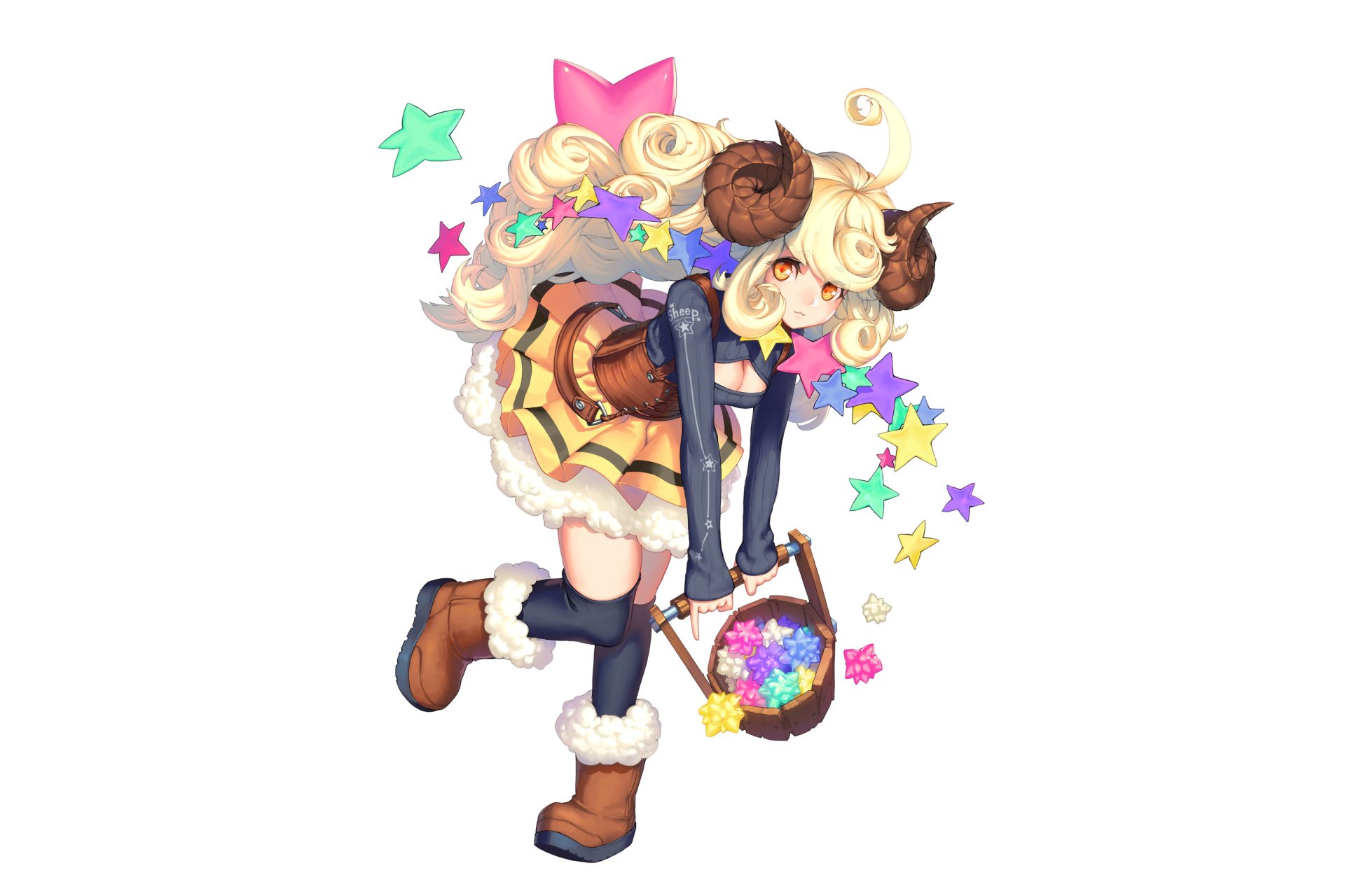 HD anime desktop wallpaper of a blonde character with horns wearing a candy-inspired starry dress, holding a basket filled with colorful sweets.