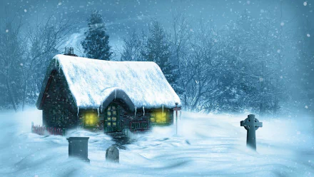 A winter scene featuring a snow-covered cottage surrounded by trees and a Celtic cross amidst gently falling snowfall, rendered in artistic HD detail.