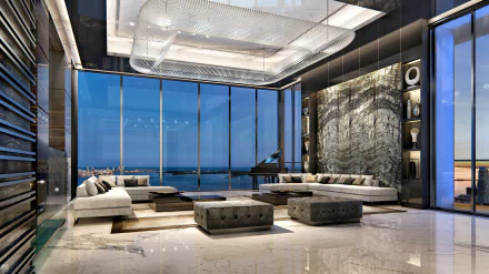 A luxurious penthouse room with modern furnishings and floor-to-ceiling windows showcasing a stunning ocean view in 4K Ultra HD.
