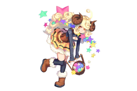 HD anime desktop wallpaper of a blonde character with horns wearing a candy-inspired starry dress, holding a basket filled with colorful sweets.