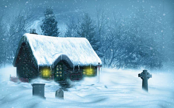A winter scene featuring a snow-covered cottage surrounded by trees and a Celtic cross amidst gently falling snowfall, rendered in artistic HD detail.