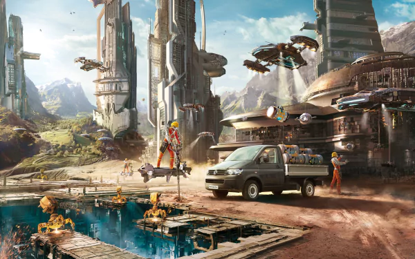 Futuristic cityscape with towering skyscrapers, advanced construction robots, flying vehicles, and a futuristic car amid a vibrant sci-fi environment in 4K Ultra HD detail.