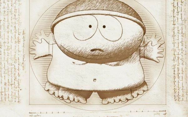 HD wallpaper featuring Eric Cartman from the TV show South Park, depicted in a unique artistic style reminiscent of classical sketches.
