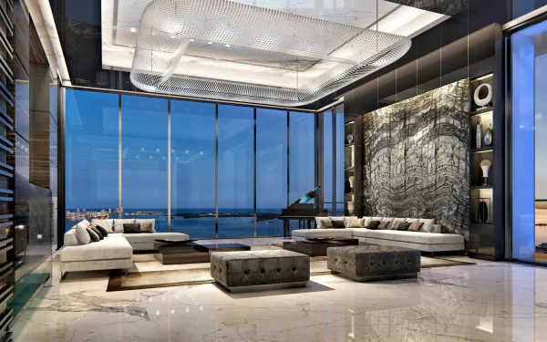 A luxurious penthouse room with modern furnishings and floor-to-ceiling windows showcasing a stunning ocean view in 4K Ultra HD.