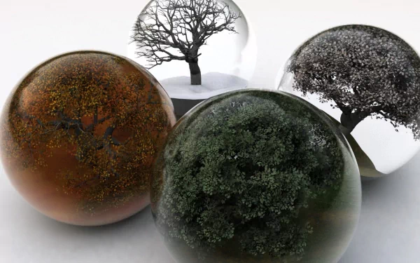 A collection of four spherical glass displays, each showcasing trees in different seasonal states: autumn, winter, spring, and summer. Captivating photography for a cool HD desktop wallpaper.