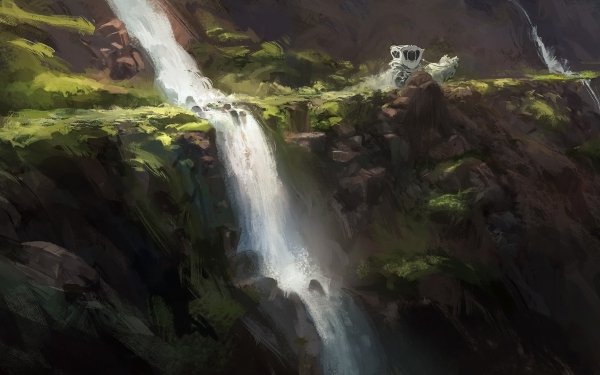 Fantasy Landscape Waterfall Horse Drawn Vehicle HD Wallpaper | Background Image