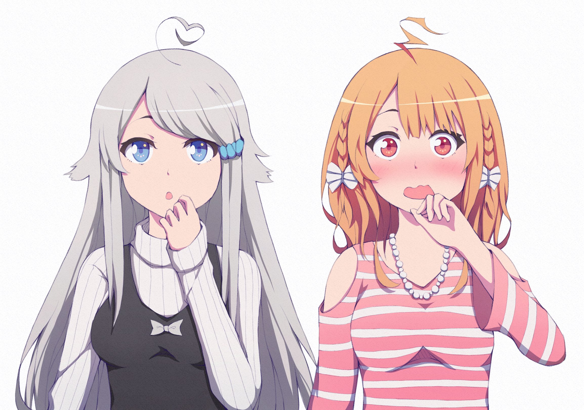 Download Orange Hair Bow Clothing Braid Necklace Red Eyes Blue Eyes Blush White Hair Long Hair 