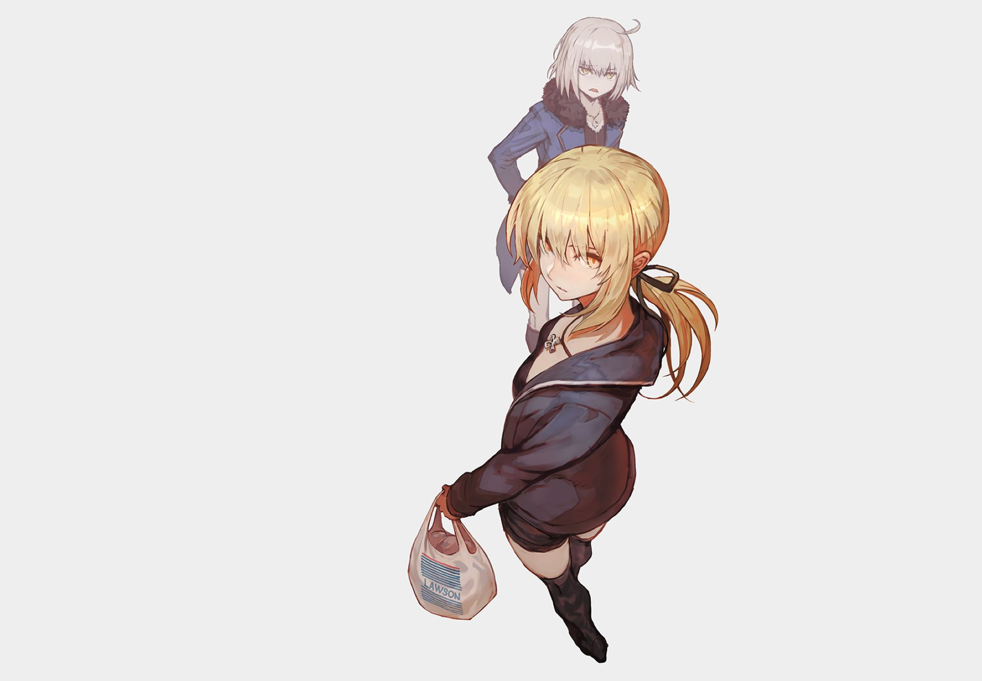 HD desktop wallpaper of Jeanne d'Arc Alter and Jeanne d'Arc from the Fate series, featuring Saber Alter from Fate/Grand Order. The anime artwork showcases the characters in casual attire.