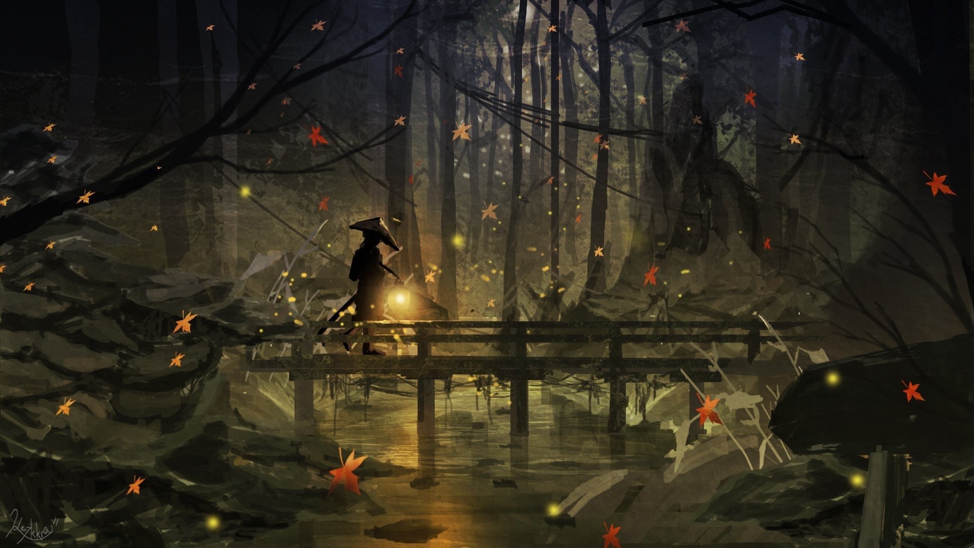 An anime-style wallpaper featuring a forest at night. A figure walks across a wooden bridge, carrying a lantern that illuminates leaves and trees around.