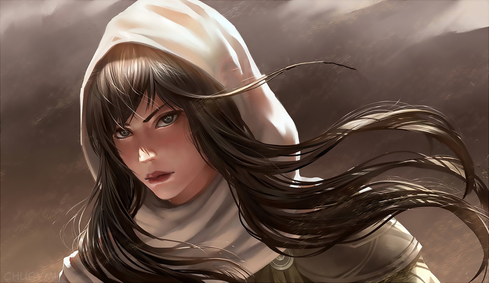 Anime-style original artwork of a long-haired character with black hair wearing a hoodie, set against a cloudy, atmospheric background, designed as an HD PC desktop wallpaper.