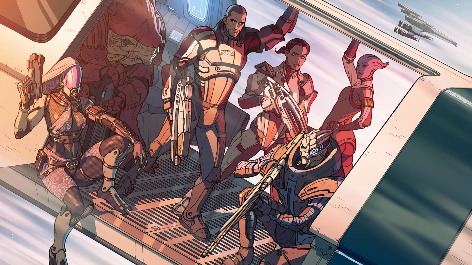 HD PC desktop wallpaper featuring iconic Mass Effect characters Urdnot Wrex, Tali’Zorah, Liara T’Soni, Garrus Vakarian, Commander Shepard, and Ashley Williams aboard a ship.