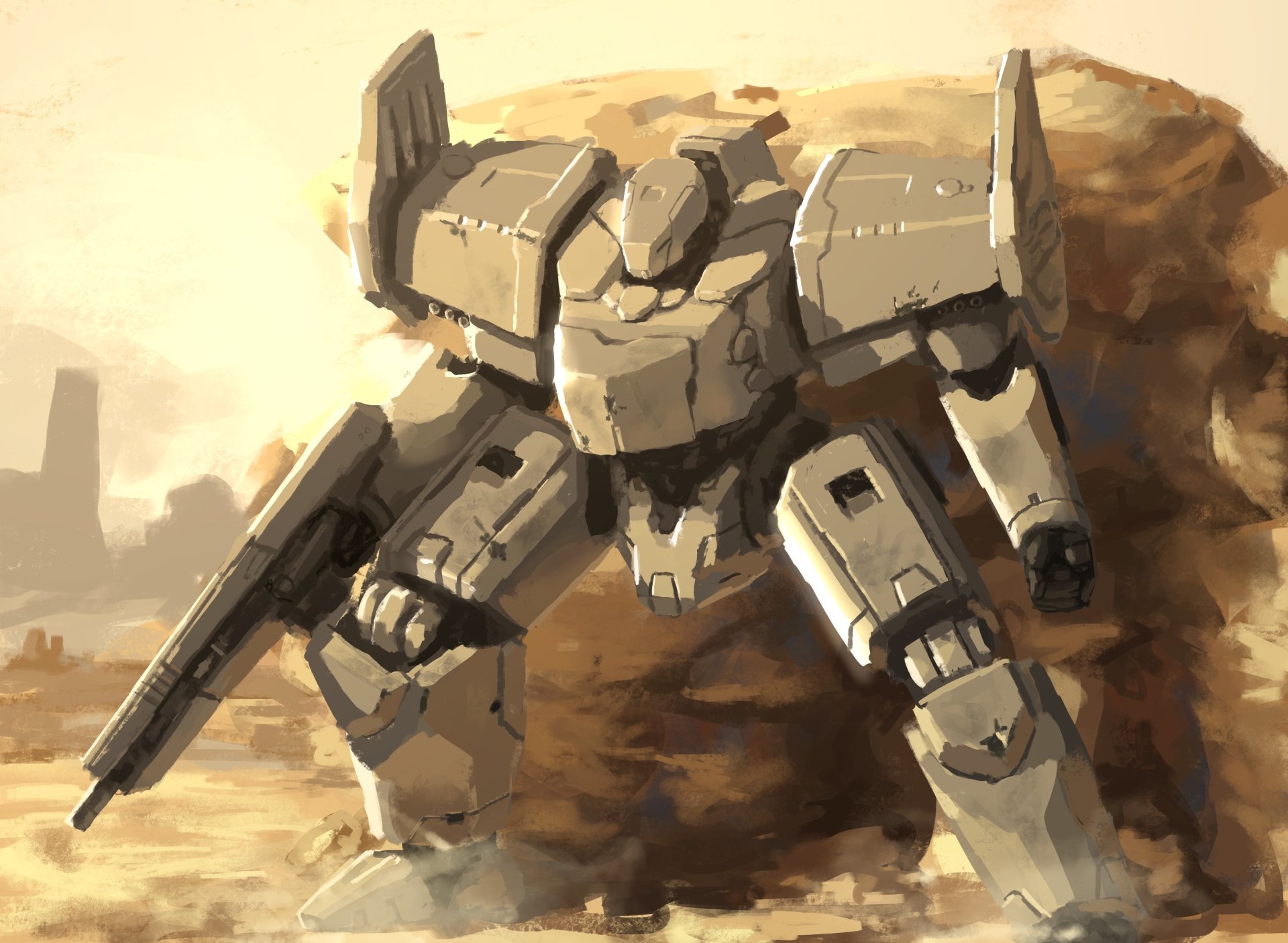4K Ultra HD PC desktop wallpaper of an armed sci-fi robot mech kneeling in a dusty wasteland, bulky armored chassis and rifle-like weapon amid swirling sand.