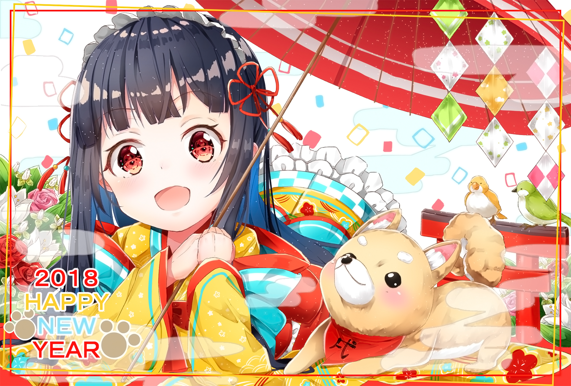 Anime-style HD desktop wallpaper featuring a girl with black hair and red eyes in Japanese clothes, holding an umbrella, accompanied by a cheerful dog.