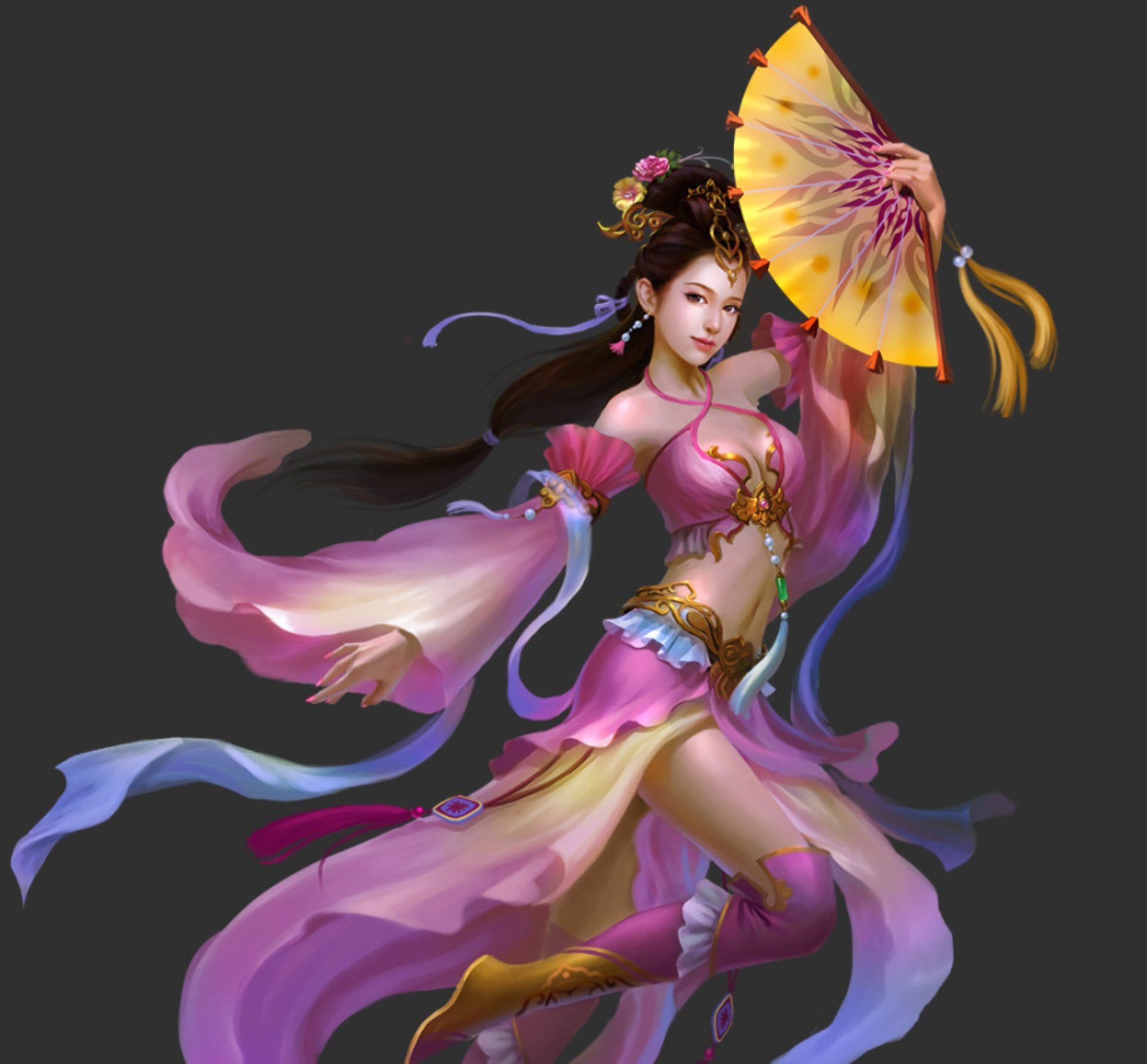 A fantasy-style oriental woman in flowing pink robes gracefully holding a decorative fan, set against a dark background in HD quality for PC desktop wallpaper.
