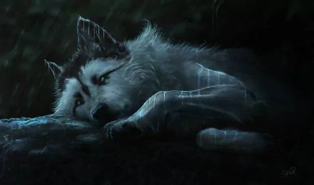 Fantasy HD wallpaper featuring a mystical wolf resting on a rock, enveloped in a gentle rain, creating an atmospheric background.