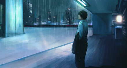 HD desktop wallpaper featuring an original anime scene of a person standing on a covered terrace at night, watching rain falling over a city illuminated by lights from distant buildings.