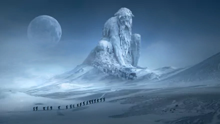 HD wallpaper depicting a fantasy winter landscape with a group of adventurers trekking towards a monumental snow-covered statue under a full moon.