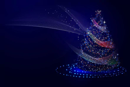 A minimalist blue Christmas tree emits a festive glow against a dark background, captured in high definition as a desktop wallpaper and background for the holiday season.