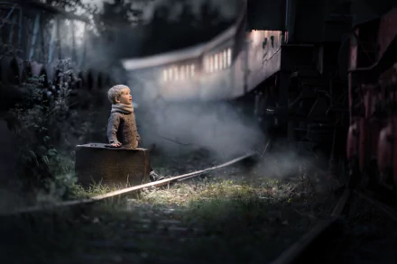 A little boy in a coat sits on a suitcase by the railroad tracks at night, with a train approaching in the mist, captured in a moody, HD desktop wallpaper scene.