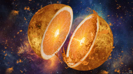 Surreal Sci-Fi art featuring an orange fruit planet splitting in space, with vibrant cosmic background. HD desktop wallpaper and background.