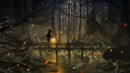 An anime-style wallpaper featuring a forest at night. A figure walks across a wooden bridge, carrying a lantern that illuminates leaves and trees around.