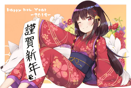 HD anime desktop wallpaper featuring a long-haired girl with red eyes in a floral yukata, accompanied by a white dog and surrounded by colorful flowers.