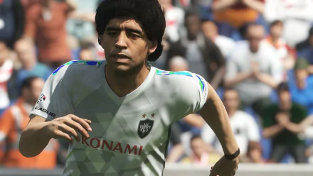 HD desktop wallpaper of Diego Armando Maradona in Pro Evolution Soccer 2018, showcasing the legendary footballer in action within the video game.