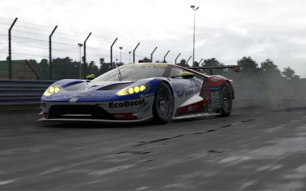 A Ford GT racing car with EcoBoost livery speeds on a wet track in the Project Cars 2 video game, captured in stunning 4K Ultra HD quality.