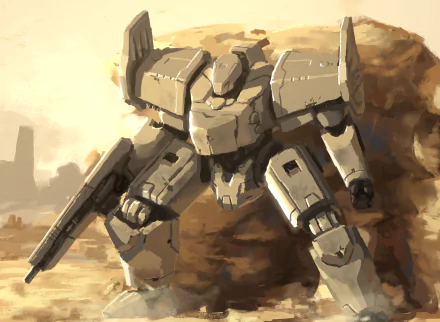 4K Ultra HD PC desktop wallpaper of an armed sci-fi robot mech kneeling in a dusty wasteland, bulky armored chassis and rifle-like weapon amid swirling sand.