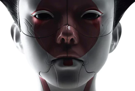 HD PC desktop wallpaper: close-up of an android face from the movie Ghost in the Shell (2017) with pale synthetic skin and red tech-plated jawline.