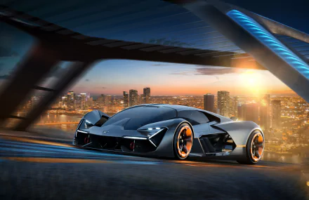 A sleek Lamborghini Terzo Millennio supercar racing through a futuristic cityscape at sunset, rendered in stunning 4K Ultra HD for PC desktop wallpaper.