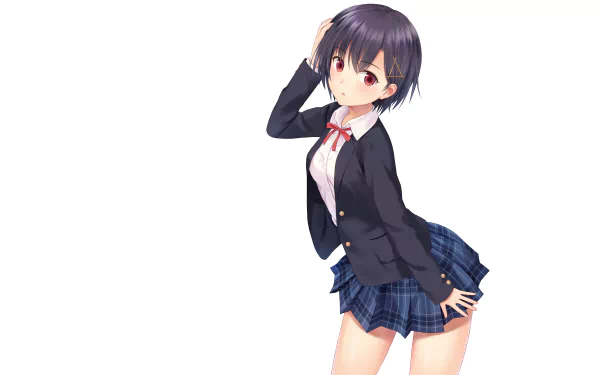 Anime character with red eyes, short dark hair, wearing a plaid skirt and black jacket, featured in a HD desktop wallpaper and background.