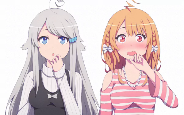 HD anime wallpaper featuring Nayuta Kani with orange hair, red eyes, and a braid, alongside Miyako Shirakawa with white hair, blue eyes, a bow, and a necklace from A Sister's All You Need.