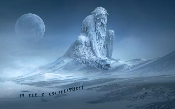 HD wallpaper depicting a fantasy winter landscape with a group of adventurers trekking towards a monumental snow-covered statue under a full moon.