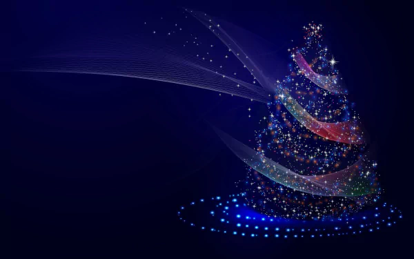 A minimalist blue Christmas tree emits a festive glow against a dark background, captured in high definition as a desktop wallpaper and background for the holiday season.