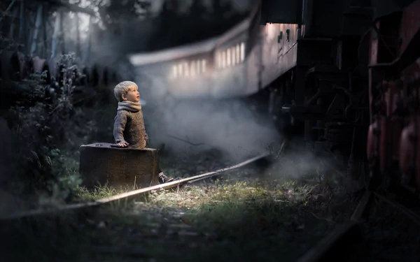 A little boy in a coat sits on a suitcase by the railroad tracks at night, with a train approaching in the mist, captured in a moody, HD desktop wallpaper scene.