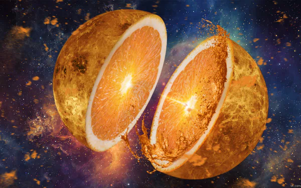 Surreal Sci-Fi art featuring an orange fruit planet splitting in space, with vibrant cosmic background. HD desktop wallpaper and background.