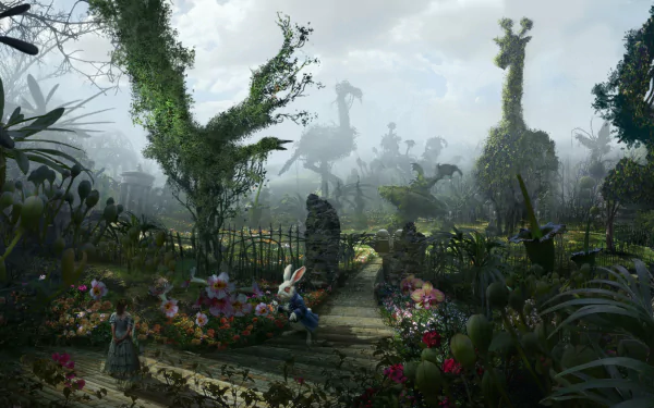 A magical fantasy landscape in 4K Ultra HD featuring a rabbit amid whimsical, overgrown topiary shapes inspired by Alice in Wonderland.