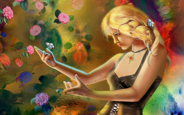 Fantasy Women Butterfly Flower Blonde HD Wallpaper | Background Image
