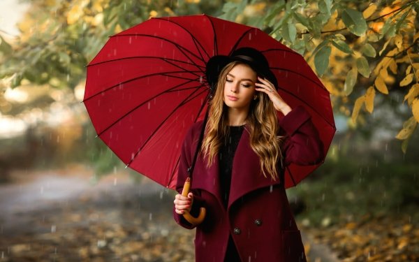 Women Model Umbrella Hat Rain Brunette Coat Depth Of Field HD Wallpaper | Background Image
