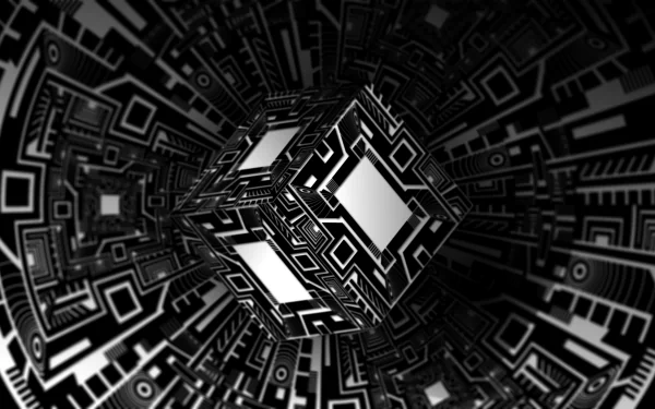 Black and white abstract vector optical illusion featuring a complex cube design, rendered in 8K Ultra HD resolution for PC desktop wallpaper and background.