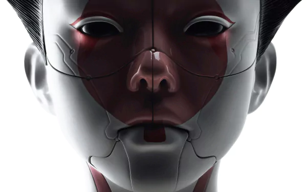 HD PC desktop wallpaper: close-up of an android face from the movie Ghost in the Shell (2017) with pale synthetic skin and red tech-plated jawline.