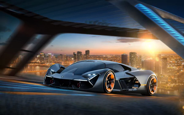 A sleek Lamborghini Terzo Millennio supercar racing through a futuristic cityscape at sunset, rendered in stunning 4K Ultra HD for PC desktop wallpaper.