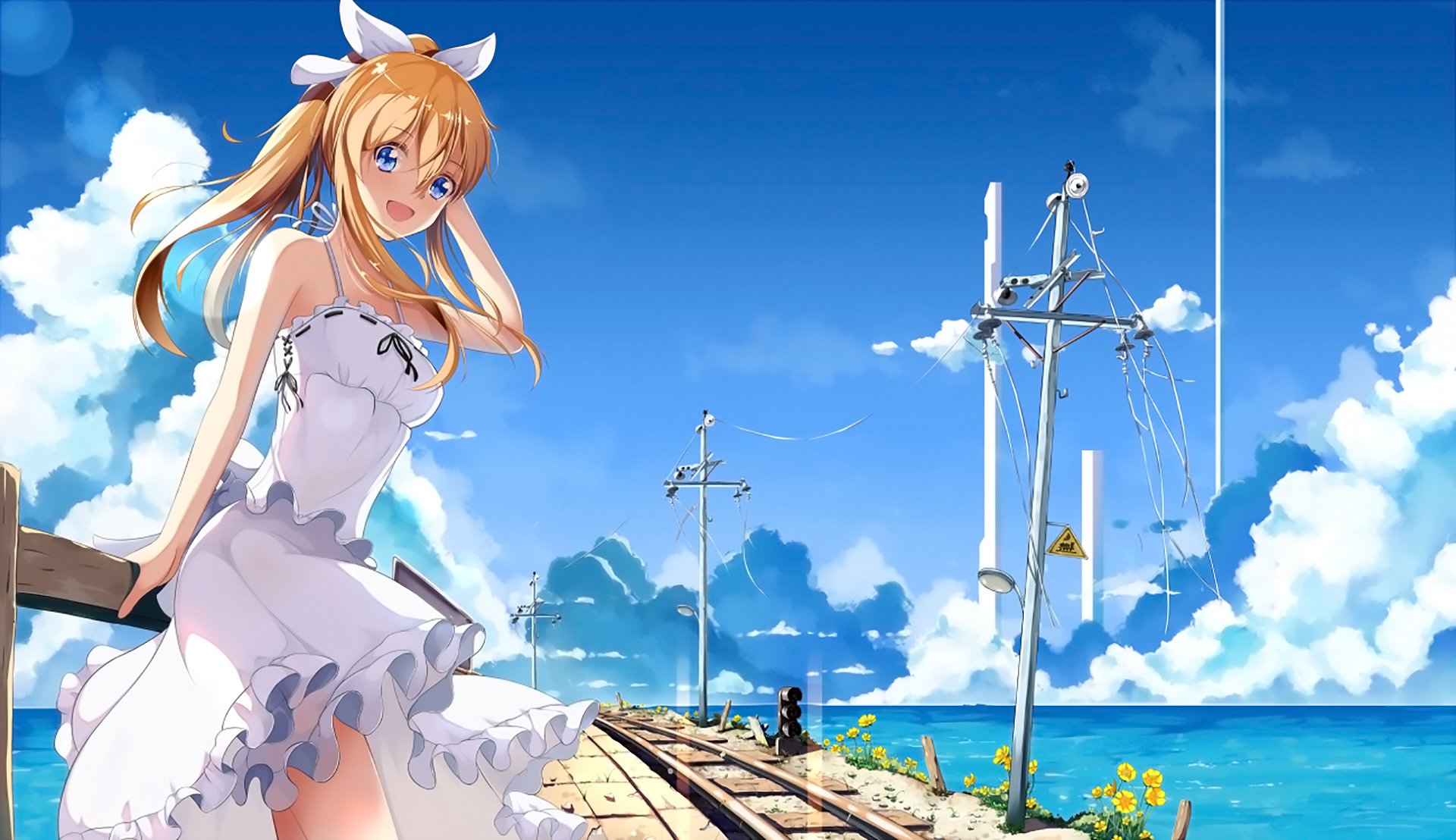 Anime-style original artwork of a blonde girl with blue eyes wearing a white dress, standing on a sunlit pier under a bright blue sky. HD PC desktop wallpaper.