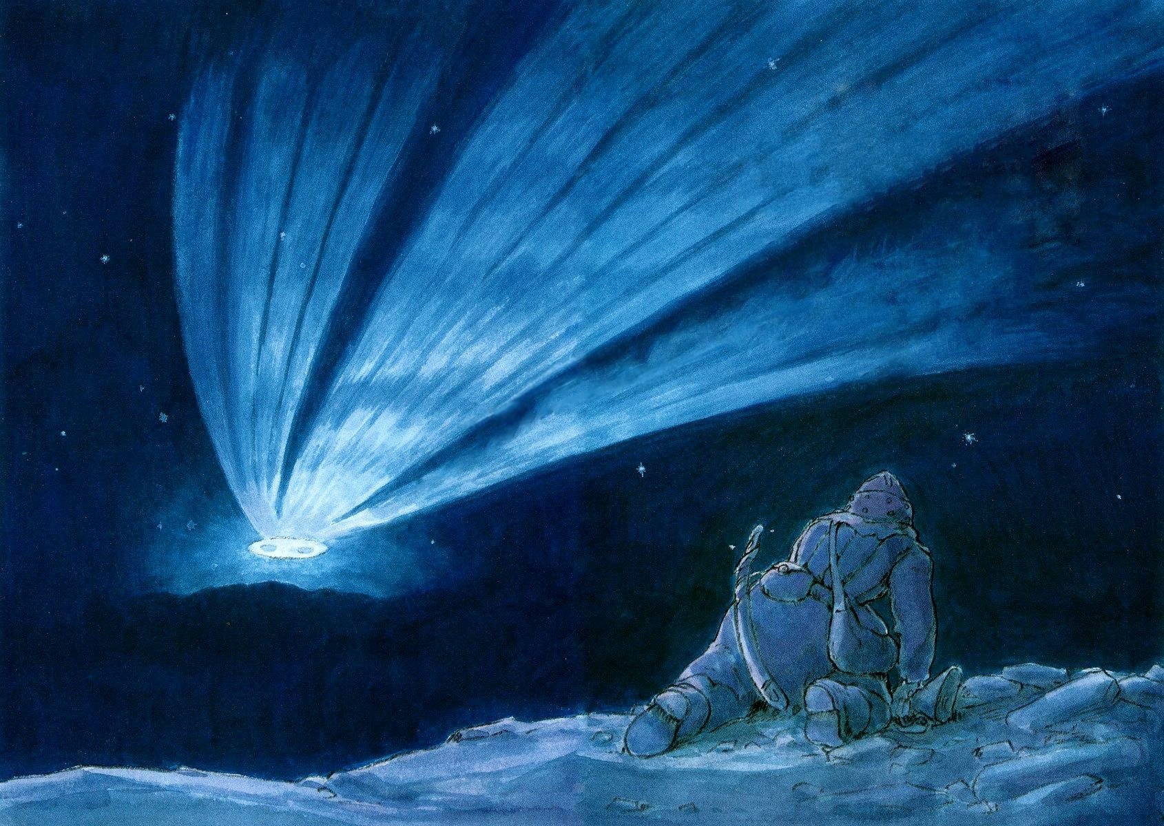 HD PC desktop wallpaper: an armored figure sits on a snowy cliff watching a brilliant blue comet with a long luminous tail streaking across a starry night sky.