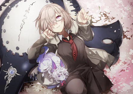 A HD desktop wallpaper featuring Shielder and Fou from Fate/Grand Order in an anime art style, with Shielder lying down and Fou by her side amidst a cherry blossom background.