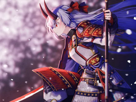 HD desktop wallpaper featuring Tomoe Gozen from Fate/Grand Order, showcasing intricate armor and poised stance against a dynamic, soft focus background.