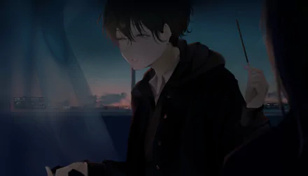 Anime-style illustration of a young person holding sparklers at night, set against a softly lit cityscape, designed as an HD PC desktop wallpaper background.